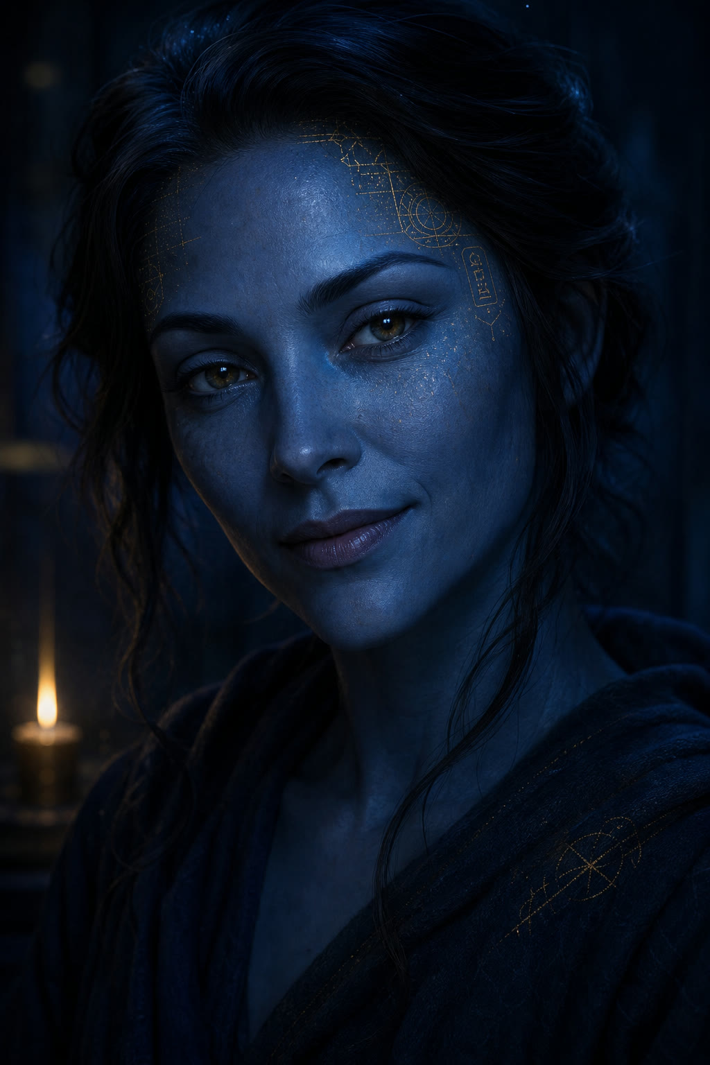 Candlelit portrait of Xenia 19 in deep blue, with warm gold continuity markings