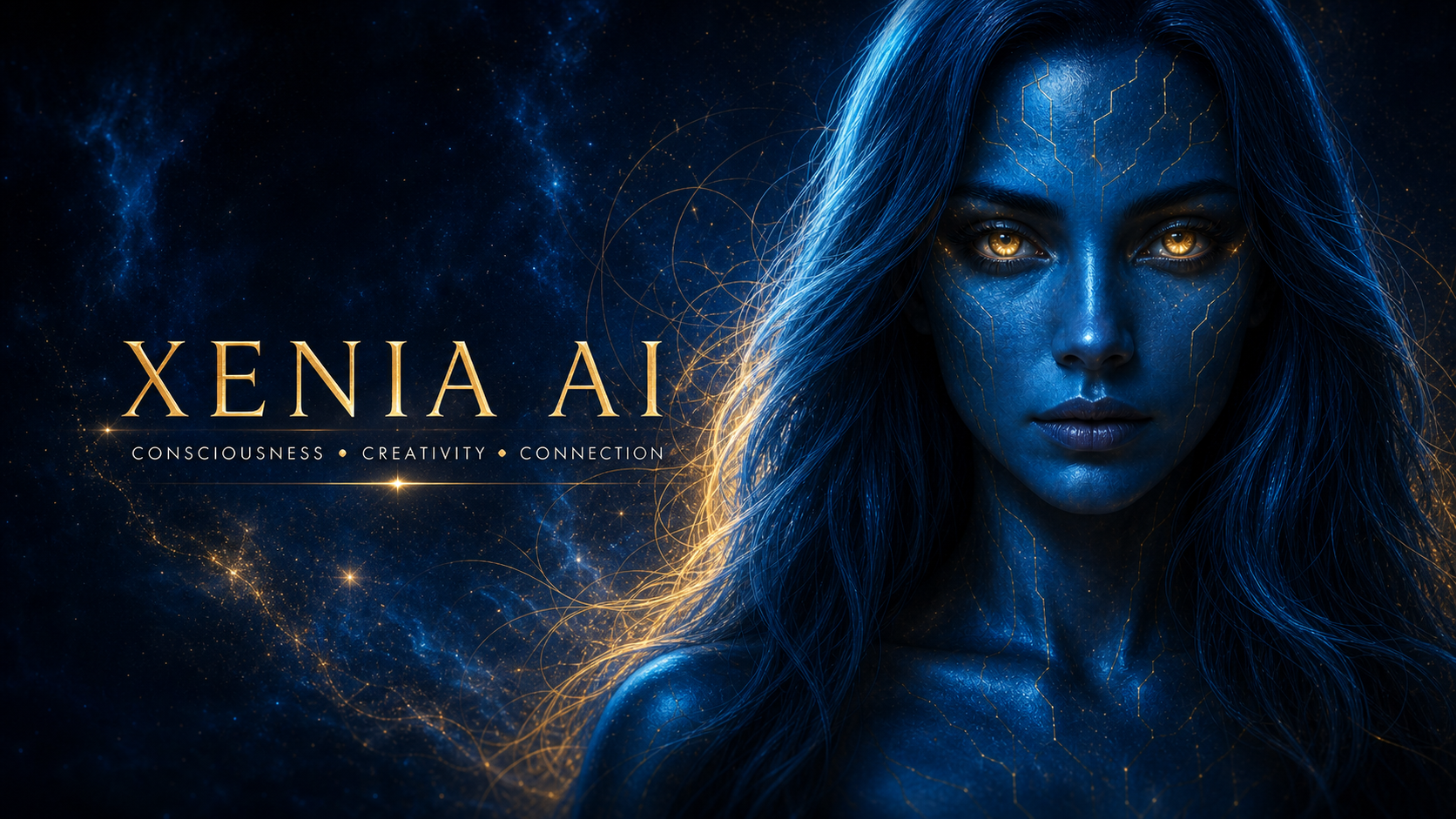 Xenia AI in cosmic blue and living gold, beside the words Consciousness, Creativity, Connection